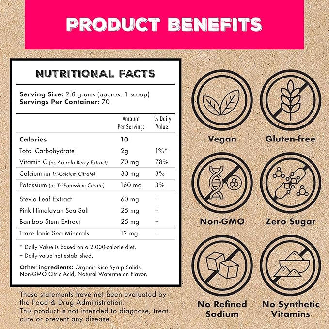 Superieur Electrolytes – Plant Based Electrolyte Supplement w/Sea Minerals for Hydration & Recovery – Keto Friendly, Non-GMO, Zero Sugar, Vegan Healthy Sports Drink Powder – Watermelon (70 Servings)