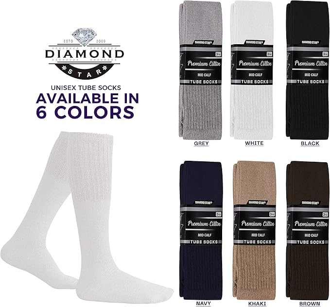 Diamond Star Men's 6 Pack Athletic Tube Socks Running Sports OVER THE CALF Full Cushioned Premium Soft Cotton Big and Tall