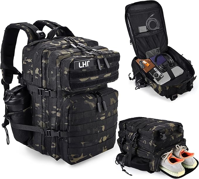 LHI Military Tactical Backpack for Men and Women 45L Army 3 Days Assault Pack Bag Large Rucksack with Shoe Compartment - Black CP
