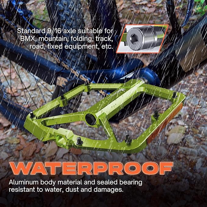 Flat Bike Pedals with Reflectors CNC Aluminium 9/16” – MTB Pedals with Extra Wide Platform and Removable Anti-Slip Pins – Lightweight Pedals for Mountain Bike & Road Bike 294 g