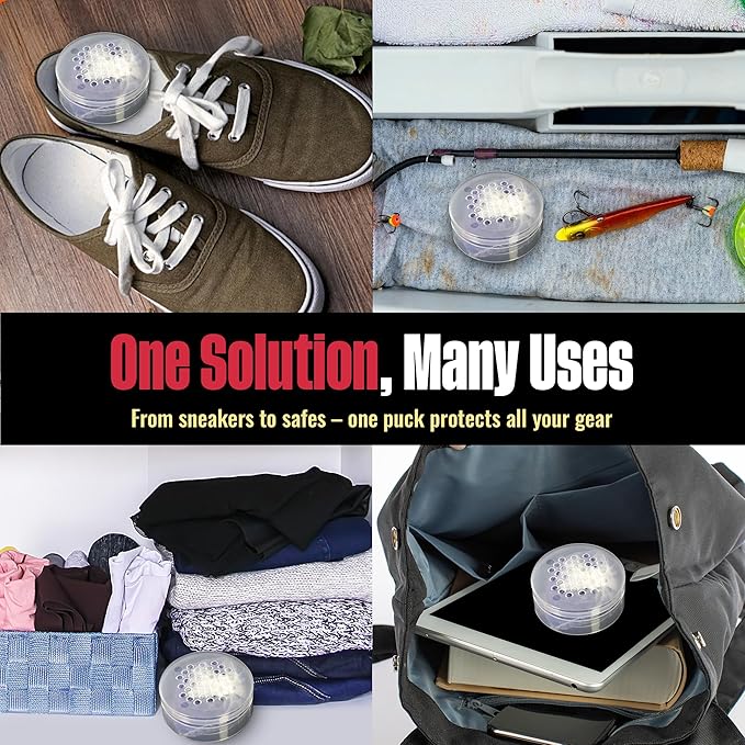 Shoe Deodorizers & Desiccant Pucks – 4-Pack Moisture Absorbers for Shoes, Gym Bags & Lockers - Odor Eliminator for Sneakers & Boots – Color-Changing Silica Gel, Reusable & Long-Lasting