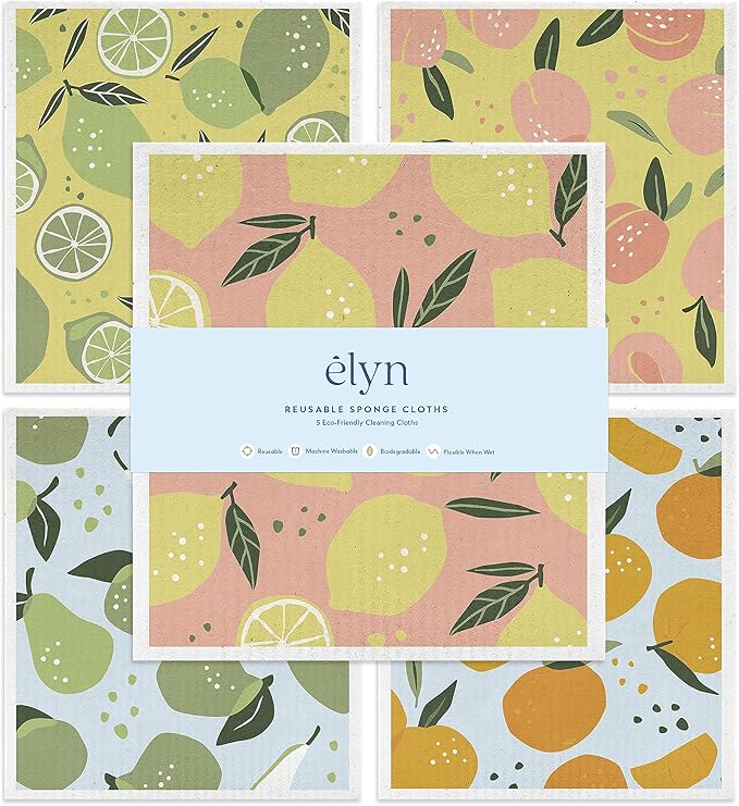 ELYN Swedish Dishcloths, Reusable & Washable Sponge Cloths, Absorbent Cleaning Paper Towels for Kitchen, Dishes, Counters and More, 5 Pack, Assorted Fruit Pattern