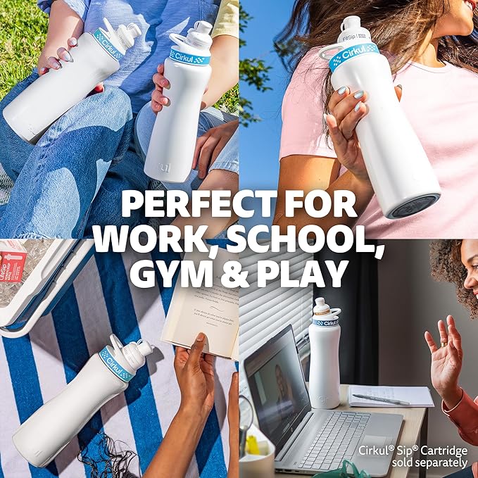 Cirkul 22oz. White Stainless Steel Water Bottle Starter Kit with Blue Lid, 2 Flavor Cartridges (1 LifeSip Fruit Punch and 1 FitSip Mixed Berry) No Sugar, Zero Calorie Drink Mix