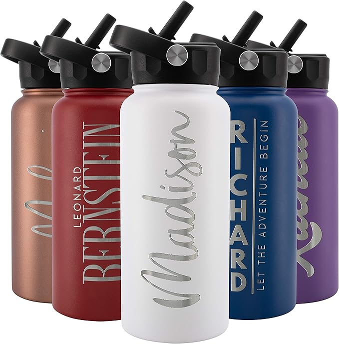 Amazing Items Personalized Water Bottle w/Straw & Lid, 32 oz - White | Custom Stainless Steel Sports Water Bottle w/Name and Text - Double-Wall, Vacuum Insulated - Rotating Handle