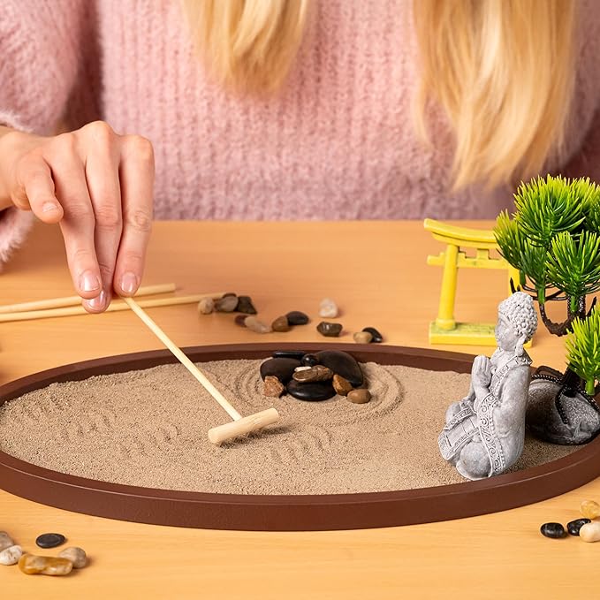 Zen Garden for Desk 13x8in – Japanese Decor with Buddha, Artificial Bonsai Tree, Tools & Accessories – Mini Zen Garden Kit for Office Desk, Home, Meditation Room, Desktop Gift Set