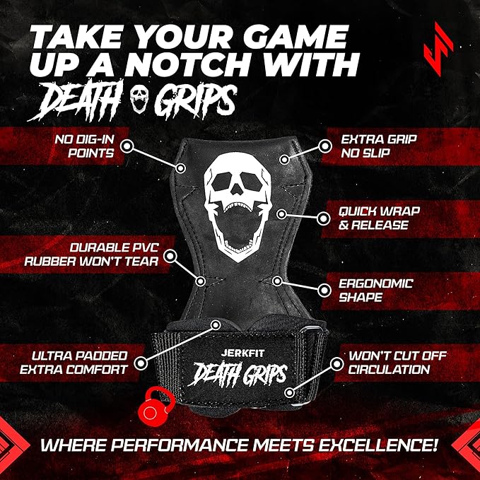 JerkFit Death Grips Premium Lifting Straps - Car Tire Grade Rubber PVC Wrist Straps for Shrugs, Pull Ups & Deadlifts with Neoprene Padded Support