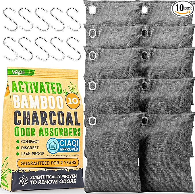 Activated Charcoal Odor Absorber for Strong Odors in Car, Closet, Shoe, Basement. 10 Activated Charcoal Bags Odor Absorbers for Home. Bamboo Charcoals Air Purifying Bag Charcoals Deodorizer Eliminator