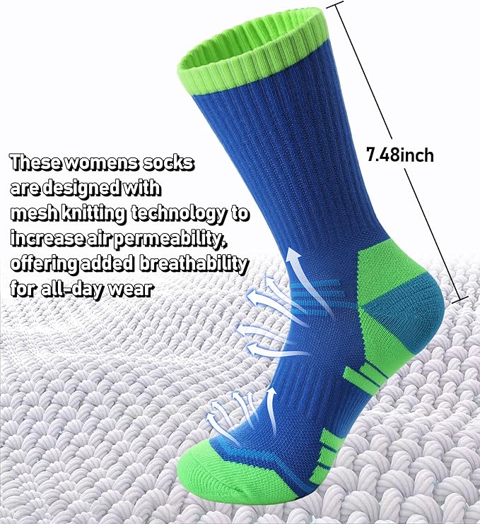 FNOVCO Women's Hiking Walking Running Crew Socks Thick Cushioned Athletic Compression Socks 5 Pairs