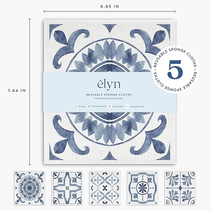 ELYN Swedish Dishcloths, Reusable & Washable Sponge Cloths, Absorbent Cleaning Paper Towels for Kitchen, Dishes, Counters and More, 5 Pack, Assorted Moroccan Pattern