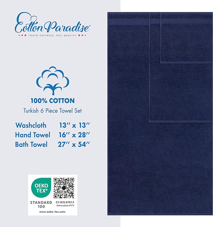 Cotton Paradise 6 Piece Towel Set 100% Cotton Soft Absorbent Turkish Towels for Bathroom 2 Bath Towels 2 Hand Towels 2 Washcloths, Navy Blue Towel Set