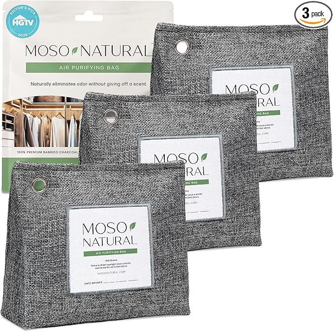 Moso Natural Air Purifying Bag 300g (10.58oz) Premium Bamboo Charcoal Odor Absorber for Home & Pet | Closet Odor Eliminator & Small Room Deodorizer | Charcoal Bags Last 2 Years | Unscented (3 Pack)