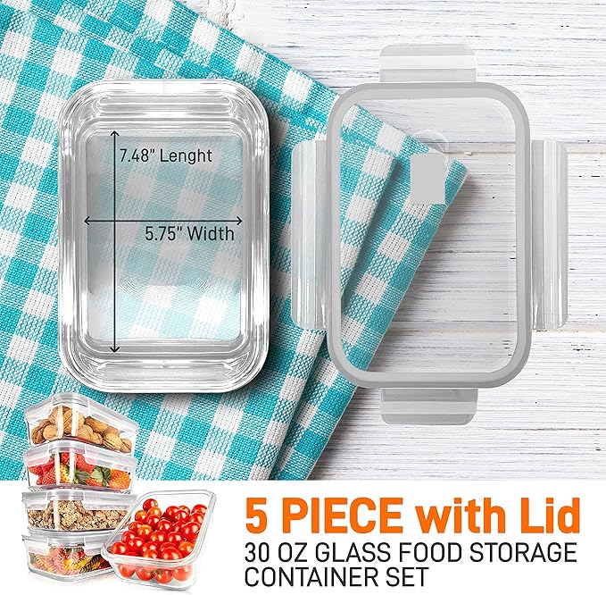 NutriChef 10-Piece Superior Glass Food Storage Containers Set (5 Containers + 5 Locking Lids),Stackable Meal-prep Design, BPA-free Airtight Clear Locking lids with Vent Lids & Air Hole, Gray