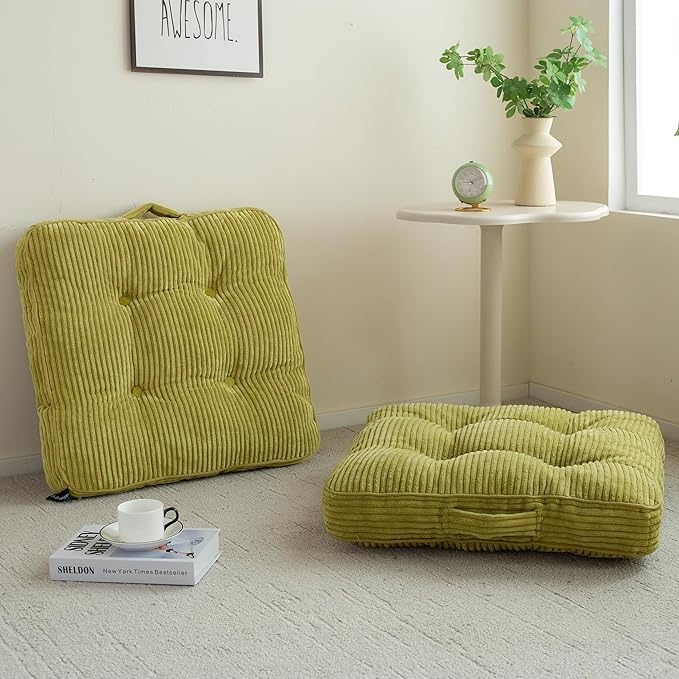 Washable Floor Pillow Cushion for Adults, Meditation Cushion Pillow, Large Square Floor Sitting, Removable Tufted Corduroy Cover, for Tatami Living Room or Yoga, 22x22 Inch, 2Pack, Machine Washable