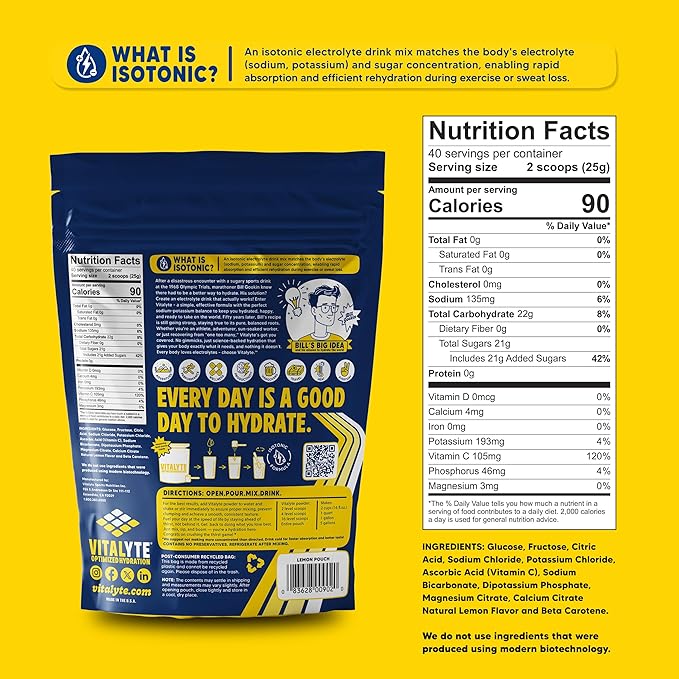 Vitalyte Electrolyte Powder Drink Mix, Isotonic Electrolyte Hydration Mix, Gluten Free Post Workout Powder Mix, Pack of 2, 35 oz. Each, Lemon Flavor