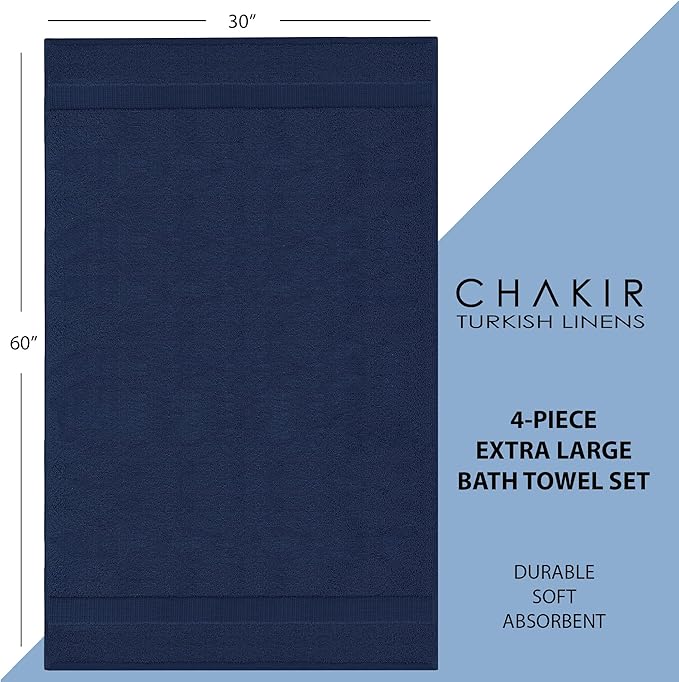 Chakir Turkish Linens | Hotel & Spa Quality 100% Cotton Luxury Turkish Towels | Soft & Absorbent (30x60 Inches Extra Large Bath Towels, Set of 4 - Navy)