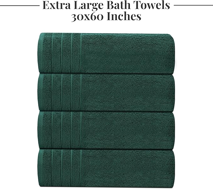 Tens Towels Pack of 4 Extra Large Bath Towels 30 x 60 Inches, 100% Cotton, Larger & Lighter Weight, Quicker to Dry, Super Soft and Absorbent, Perfect for Bathroom, Hunter Green