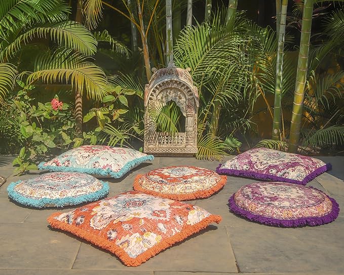 Mandala Life ART Square Meditation Cushion Cover with Fringes - 26 inches - Printed Orange Cotton Boho Chic Pillow Case