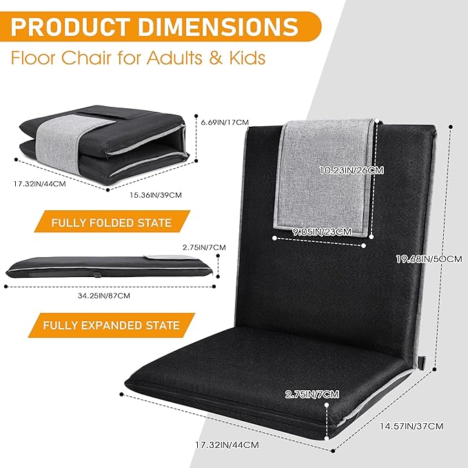 Floor Chair with Back Support 14-Position Adjustable Floor Chair Portable Ground Seating for Adults & Kids Foldable Meditation Seat with Japanese KOYO Bearings & Washable Linen Cover (Black)