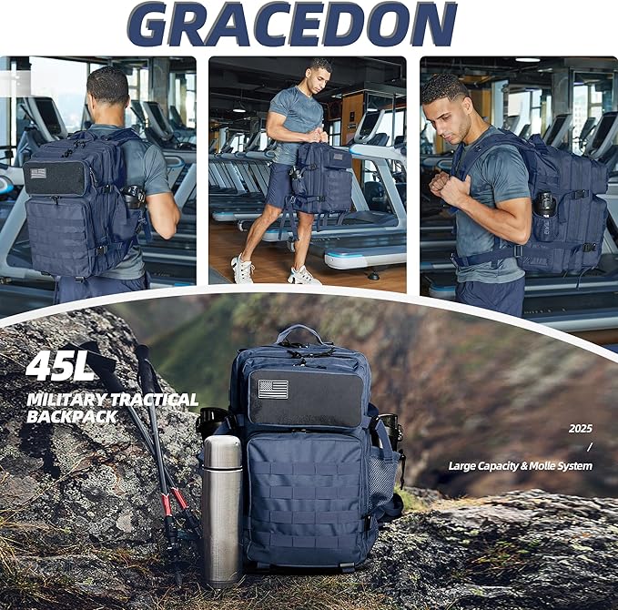 gracedon Tactical Backpack - Military Molle Bag 3 Days Pack for men and Women Large Assault Rucksack 45L (Navy)