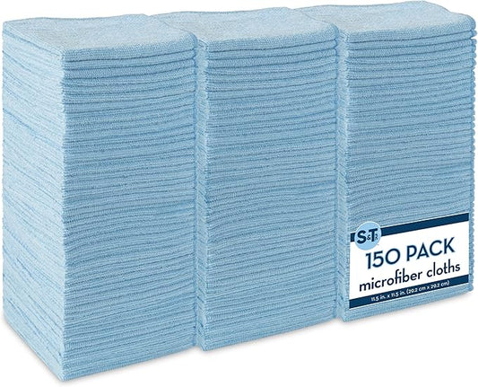 S&T INC. 150 Pack Microfiber Cleaning Cloth, Bulk Towels for Home, Reusable Microfiber Towels for Cars, Cleaning Rags, Light Blue, 11.5 Inches x 11.5 Inches, 150 Count