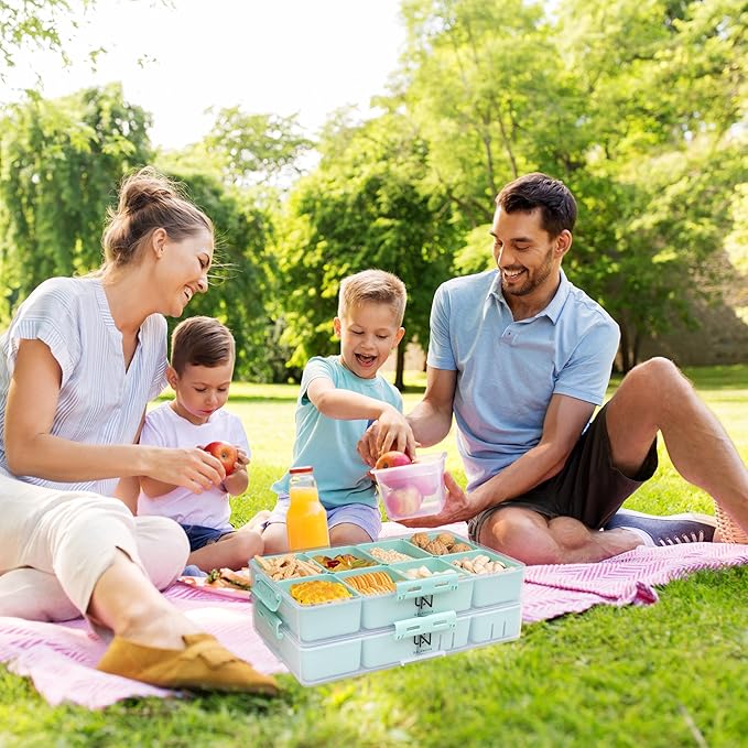 Stackable Snackle Box Container with 2 Lids - BPA-Free Snackle box Organizer, Dishwasher & Microwave Safe Reusable Snacklebox for Veggies, Fruits, Charcuterie, Snacks (Green, 2 Pack)