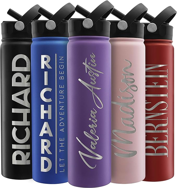 Amazing Items Personalized Water Bottle w/Straw & Lid, 24 oz - Purple | Custom Stainless Steel Sports Water Bottle w/Name and Text - Double-Wall, Vacuum Insulated - Rotating Handle