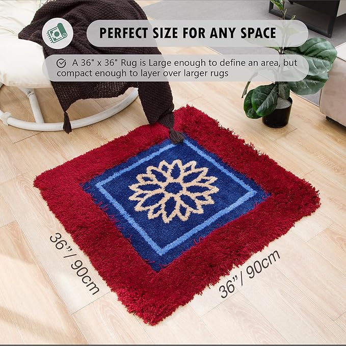 Himalayan Series Square Rug 3x3 | Luxury Meditation Rug Mat | Thick & Supportive Yoga Mat with Non-Slip Base | Decorative Carpet & Throw Rugs for Zen, Office & Living Room Burgendy/Blue