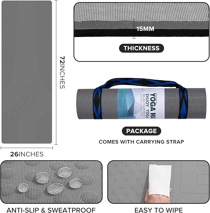 JELS Extra Thick Yoga Mat, 2/5 inch, Ergonomic 3D Non Slip Design, SGS Certified TPE Material, Yoga Mat for Men Women with Carrying Strap,Exercises Mat for Yoga, Pilates and Floor Workout(72"x26")…