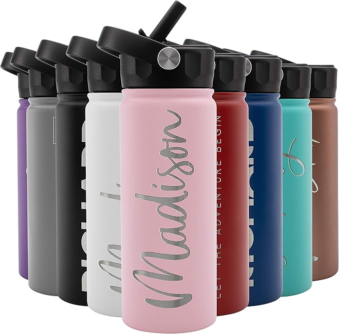 Amazing Items Personalized Water Bottle w/Straw & Lid, 18 oz - Pink | Custom Stainless Steel Sports Water Bottle w/Name and Text - Double-Wall, Vacuum Insulated - Rotating Handle