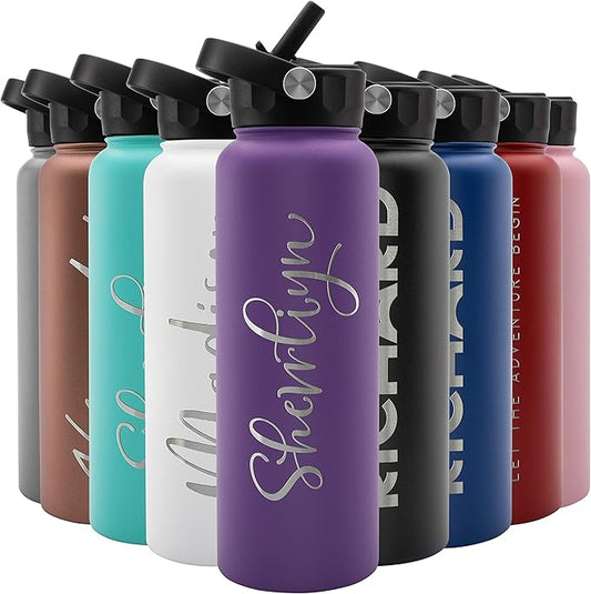 Amazing Items Personalized Water Bottle w/Straw & Lid, 40 oz - Purple | Custom Large Stainless Steel Sports Water Bottle w/Name and Text - Double-Wall, Vacuum Insulated - Rotating Handle