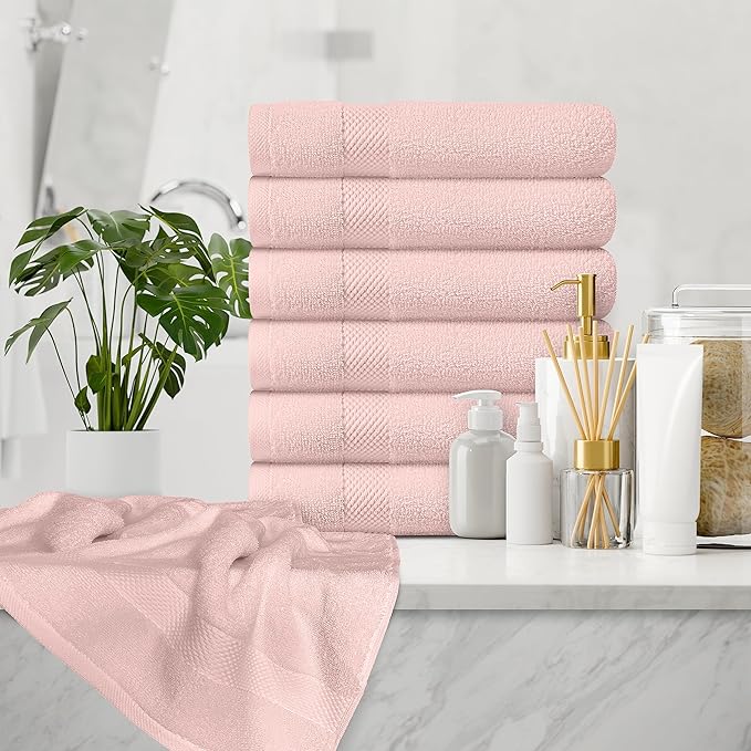 White Classic Luxury Hand Towels | Cotton Hotel spa Bathroom Towel | 16x30 | 6 Pack | Pink