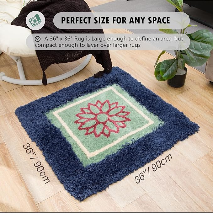 Himalayan 3 x 3 Navy Blue/Green Luxury Meditation Rug Mat Square Rugs | Thick & Supportive Yoga Mat with Non-Slip Base | Decorative Carpet & Accent Rug for Zen, Home Office & Living Room