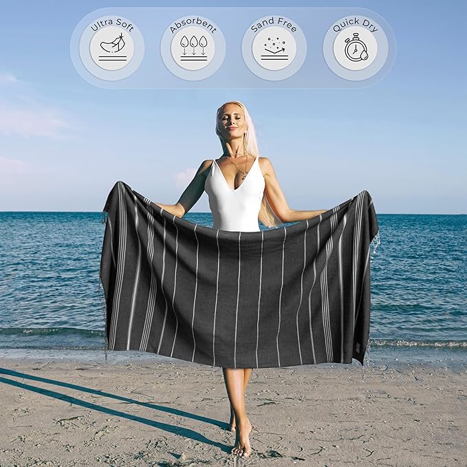 Turkish Beach Towel Absorbent & Quick Dry Oversized (39" x 71") - Decorative, Versatile and Functional as Gym, Travel and Bath Towels, Outdoor, Beach, Picnic Blanket - Antest Grey
