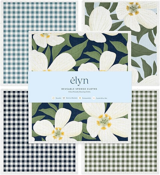 ELYN Swedish Dishcloths, Reusable & Washable Sponge Cloths, Absorbent Cleaning Paper Towels for Kitchen, Dishes, Counters and More, 5 Pack, Assorted Magnolia & Gingham Patterns