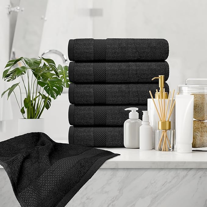 White Classic Luxury Hand Towels | Cotton Hotel spa Bathroom Towel | 16x30 | 6 Pack | Black