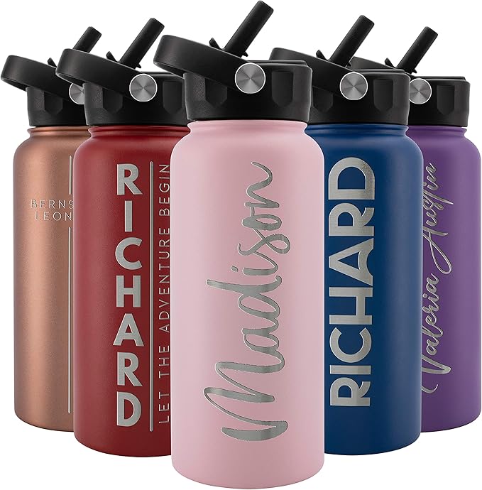 Amazing Items Personalized Water Bottle w/Straw & Lid, 32 oz - Pink | Custom Stainless Steel Sports Water Bottle w/Name and Text - Double-Wall, Vacuum Insulated - Rotating Handle