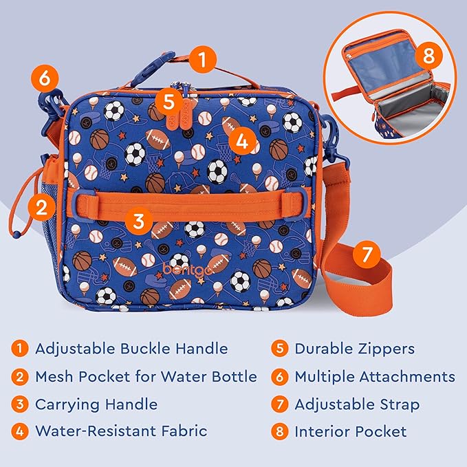 Bentgo Kids Lunch Bag - Durable, Double-Insulated Lunch Bag for Kids 3+; Holds Lunch Box, Water Bottle, & Snacks; Easy-Clean Water-Resistant Fabric & Multiple Zippered Pockets (Sports)