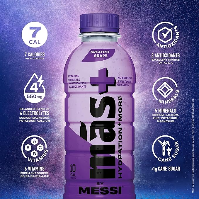 Más+ By Messi Greatest Grape, Sports Drink & Hydration Beverage, Natural Flavors with Vitamins and Electrolytes, No Artificial Sweeteners or Colors, 12-pack