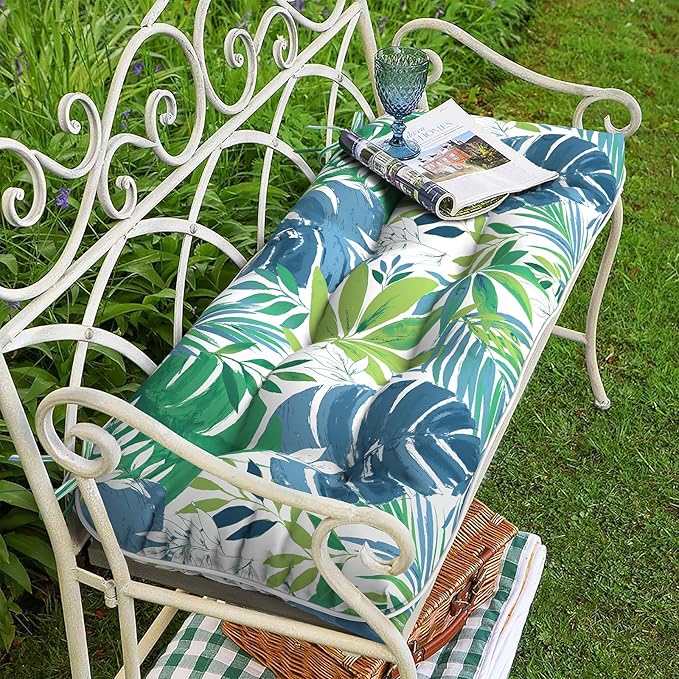 Tufted Bench Cushion for Outdoor Furniture, Patio Swing Cushion 44 x 19 x 5 Inch, Overstuffed Outdoor Chair Cushion for Garden Loveseat Lounge Storage, 1 Pack, Islamorada Blue Green