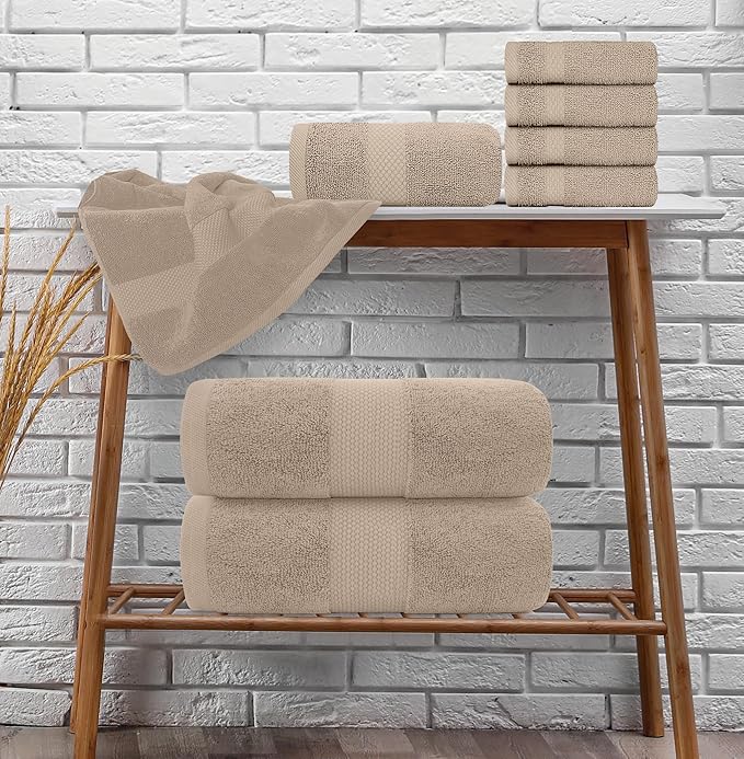 White Classic Luxury Bath Towel Set of 8 Pieces - 100% Turkish Cotton Highly Absorbent Towels for Bathroom, 2 Luxury Bath Towels 700GSM, 2 Hand Towels, 4 Washcloths, Taupe