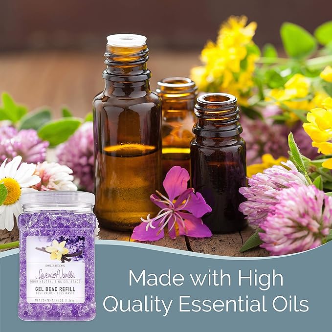 SMELLS BEGONE 48 oz Odor Eliminator Gel Bead Refill - Eliminates Odor from Bathrooms, Boats, Cars, RVs & Pet Areas - Made with Essential Oils - Lavender Vanilla Scent