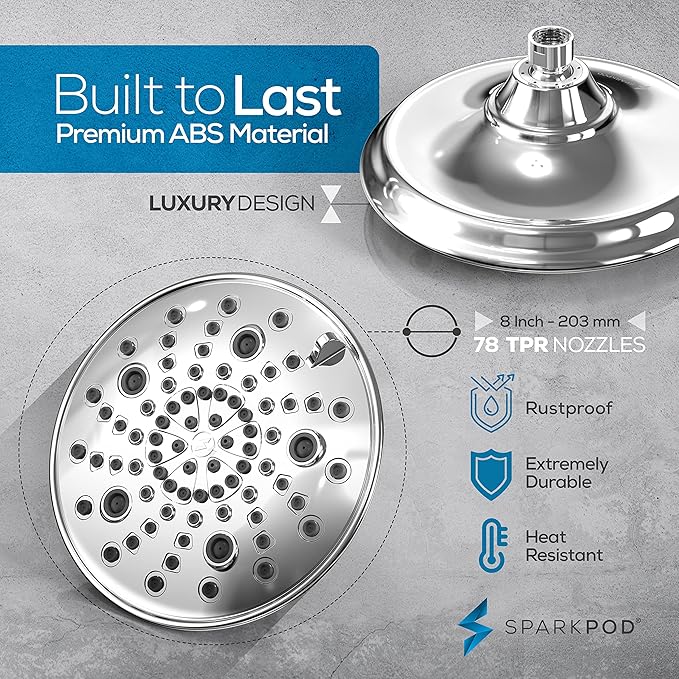 SparkPod Luxury Filtered Shower Head Set 23 Stage Shower Filter - Reduces Chlorine and Heavy Metals - High Pressure Showerhead Filter (8" Round, Luxury Polished Chrome)