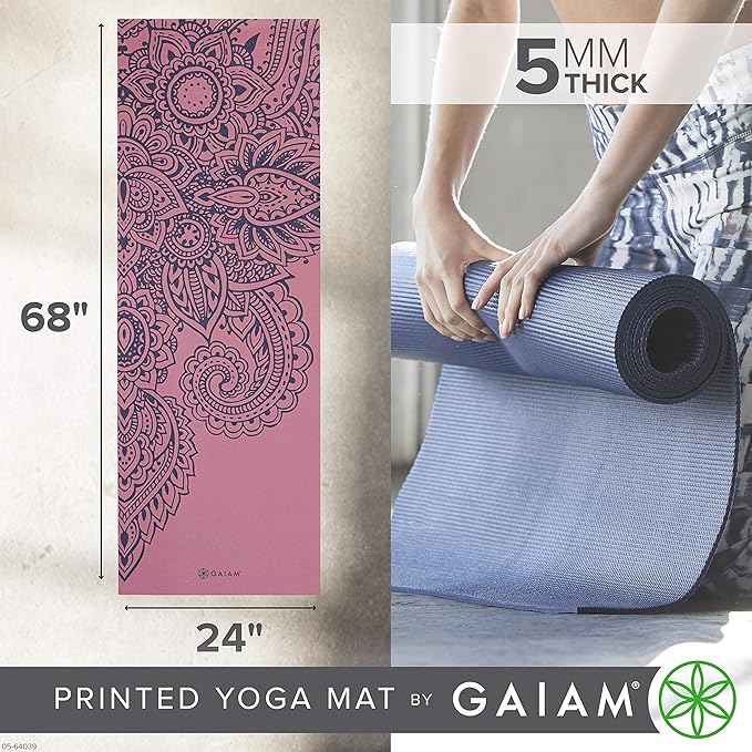 Gaiam Yoga Mat - Premium 5mm Print Thick Non Slip Exercise & Fitness Mat for All Types of Yoga, Pilates & Floor Workouts (68" x 24" x 5mm)
