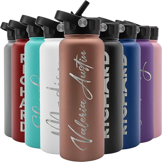 Amazing Items Personalized Water Bottle w/Straw & Lid, 40 oz - Rose Gold | Custom Large Stainless Steel Sports Water Bottle w/Name and Text - Double-Wall, Vacuum Insulated - Rotating Handle