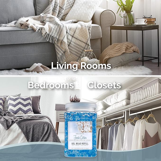 SMELLS BEGONE 48 oz Odor Eliminator Gel Bead Refill - Eliminates Odors from Bathrooms, Cars, Boats, RVs & Pet Areas - Made with Essential Oils - Fresh Cotton Scent