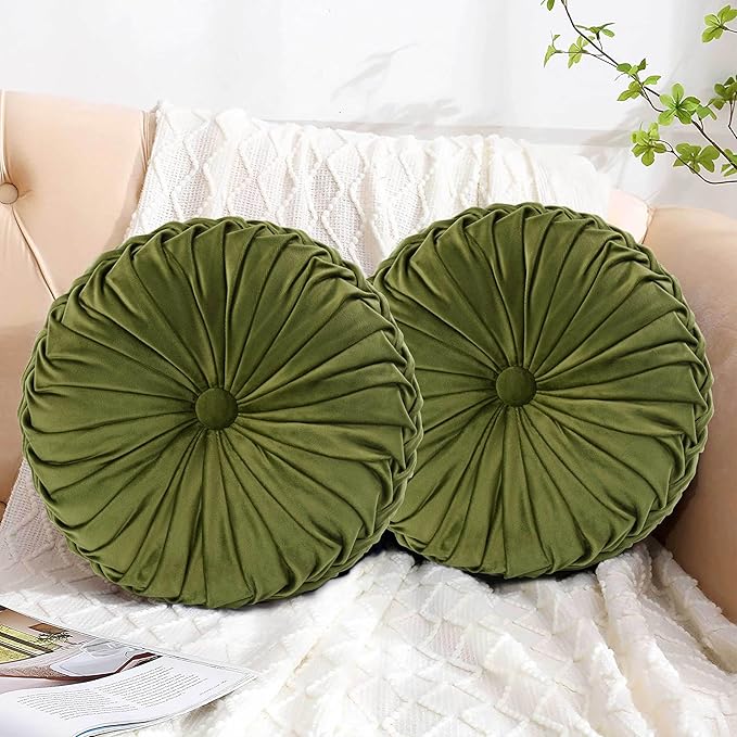 HIG Set of 2 Decorative Round Pleated Throw Pillows, Classy Accent Pumpkin Throw Pillows with Center Button, Vintage Velvet Floor Pillows for Sofa Couch Vanity Chair Bed, Olive, 14.5" Diameter(Ripple)