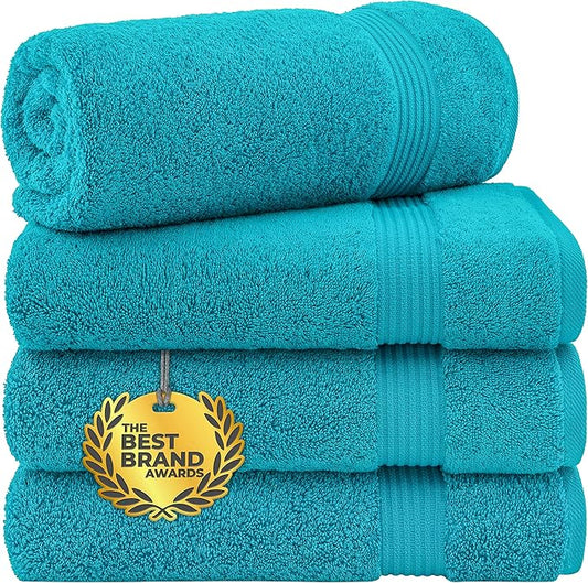 Cotton Paradise 4 Piece Turkish Bath Towels for Bathroom, 100% Cotton Extra Large Soft Plush Towels Bathroom Set, Aqua Blue