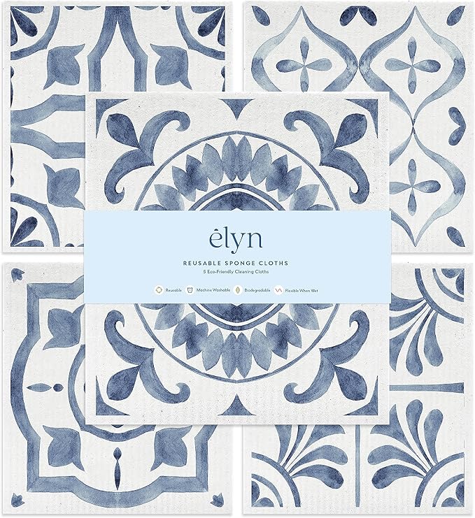 ELYN Swedish Dishcloths, Reusable & Washable Sponge Cloths, Absorbent Cleaning Paper Towels for Kitchen, Dishes, Counters and More, 5 Pack, Assorted Moroccan Pattern