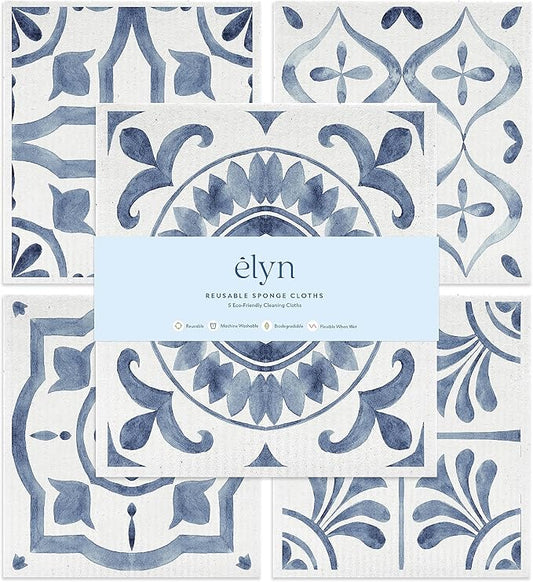 ELYN Swedish Dishcloths, Reusable & Washable Sponge Cloths, Absorbent Cleaning Paper Towels for Kitchen, Dishes, Counters and More, 5 Pack, Assorted Moroccan Pattern