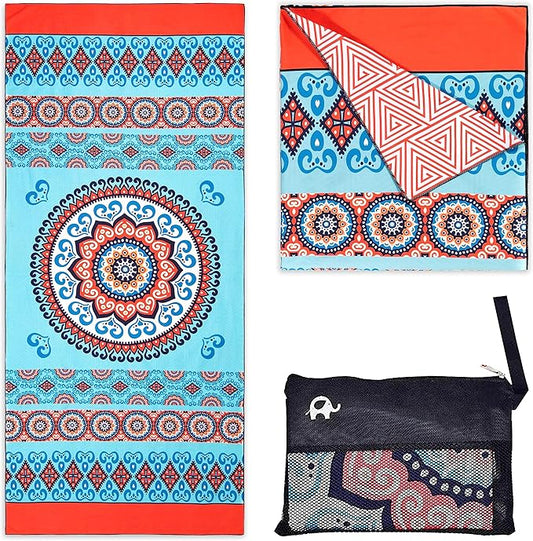 Elite Trend Microfiber Beach Towel for Adults with Bag - Extra Large 78x35 Inch Lightweight Sand Free Quick Dry Towel for Travel, Swimming, Yoga, Camping (Mandala Coral)